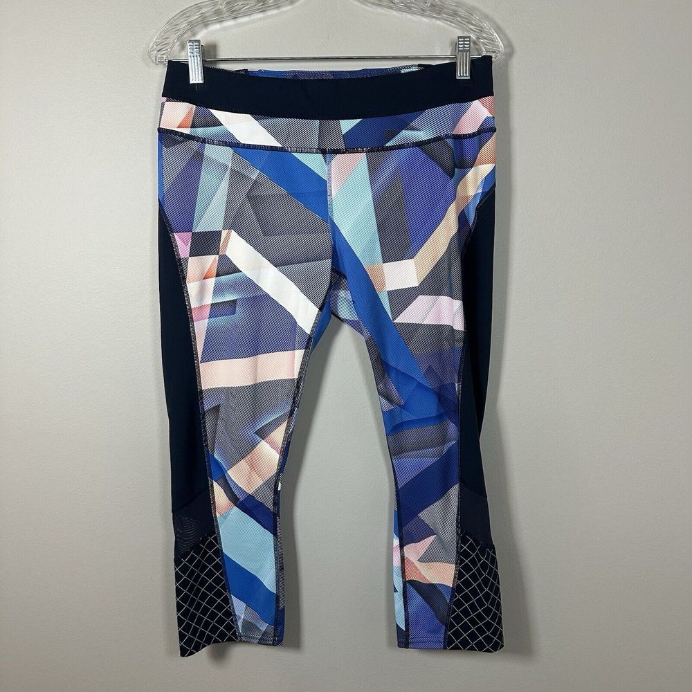Athleta Large Navy Blue Electric Geo Sonar Mesh Capri Leggings